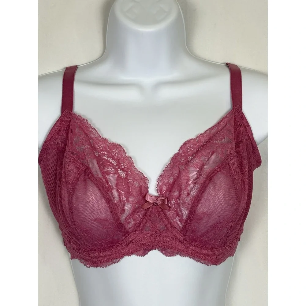 The Panache Ana Plunge Bra 30G Cranberry Lace Adjustable Underwire Semi-sheer